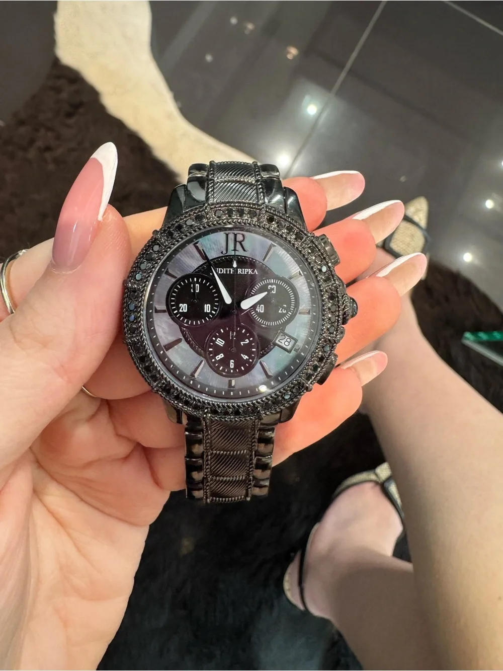 New Judith Ripka Black Chronograph Watch Black MOP Crystal Bezel